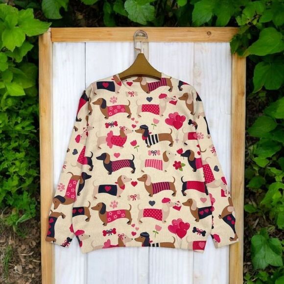 Cream and Pink Dog Print Crew Neck Sweater - Picture 2 of 5